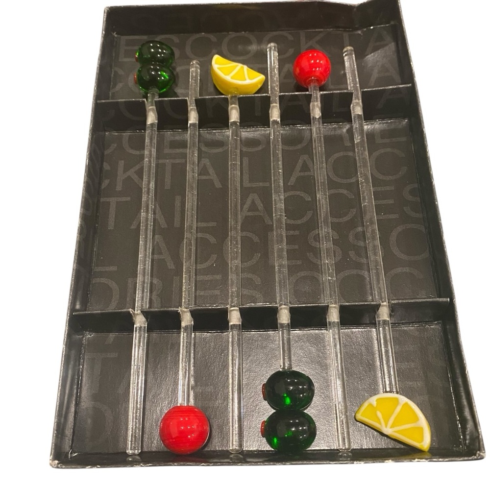 Colorful Glass Cocktail Stir Sticks Set Cherry Olives and lemon